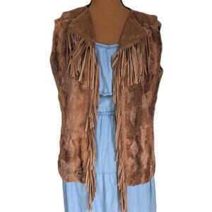 Penny Lane Mocha Fringe Vest Medium  Faux Fur Suede Lined Western Cowgirl Reba